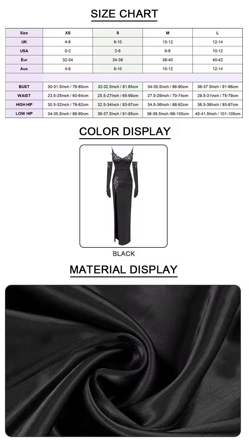 Sexy Strapless Diamonds Beaded Boned Bodice Pleated Satin Maxi Dress V Neck Patchwork Split Black