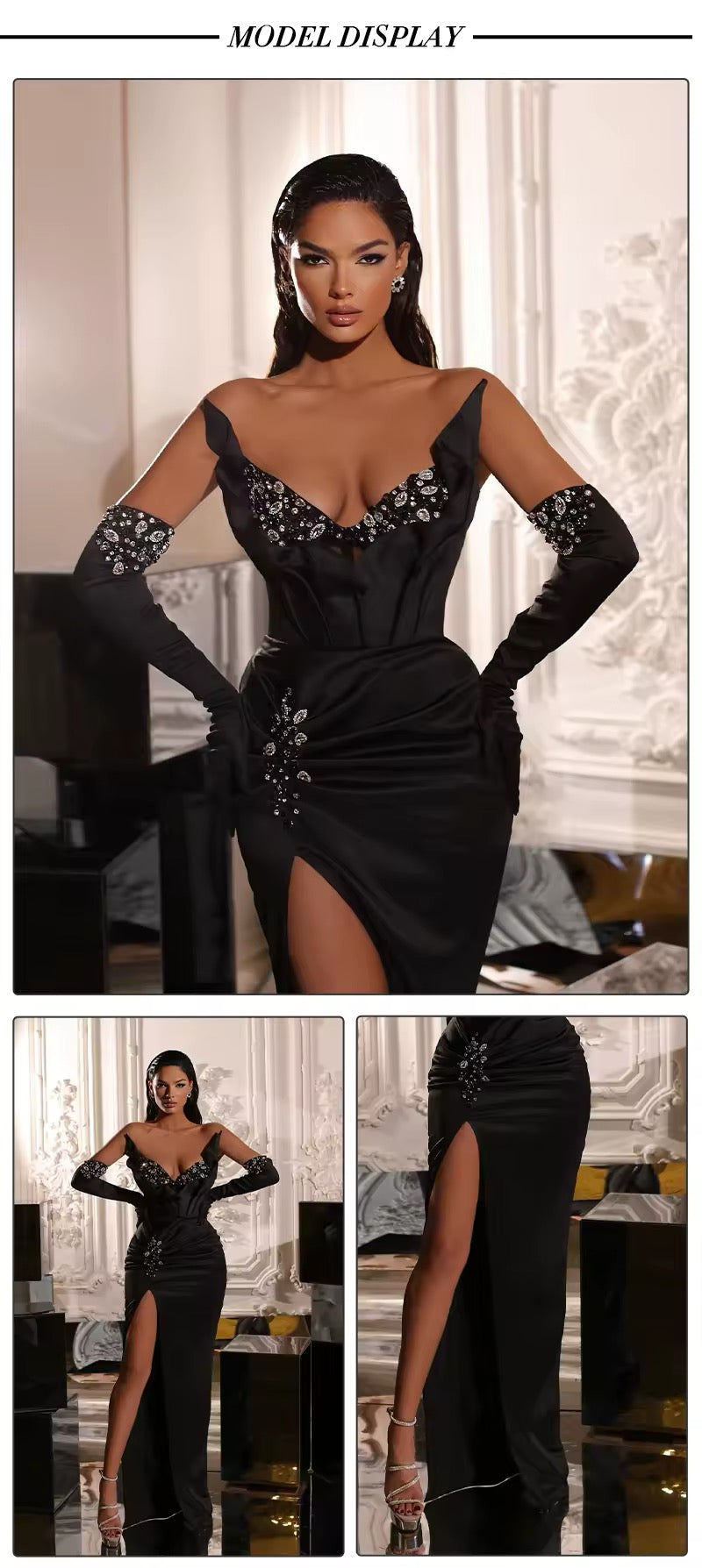 Sexy Strapless Diamonds Beaded Boned Bodice Pleated Satin Maxi Dress V Neck Patchwork Split Black