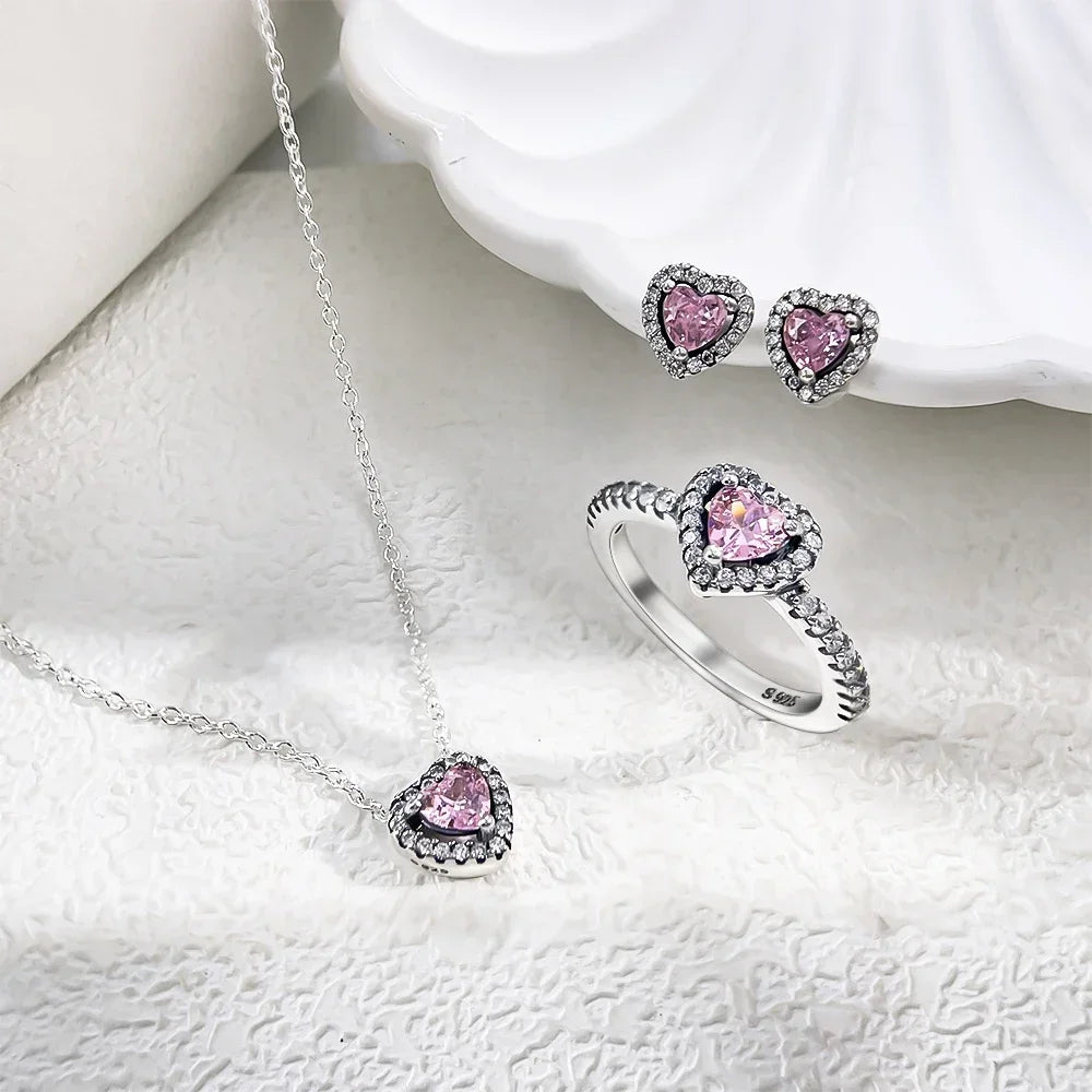 Silver Pink Heart Original Jewelry Necklaces Ring for Women Gift