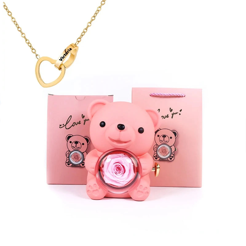 Rose Hug Bear Gift Box with Heart engraved name necklace Birthday anniversary gift for girls