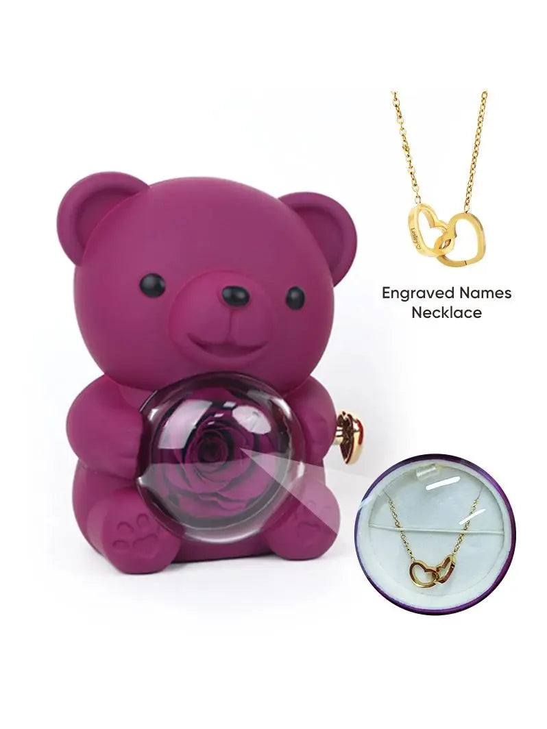 Rose Hug Bear Gift Box with Heart engraved name necklace Birthday anniversary gift for girls