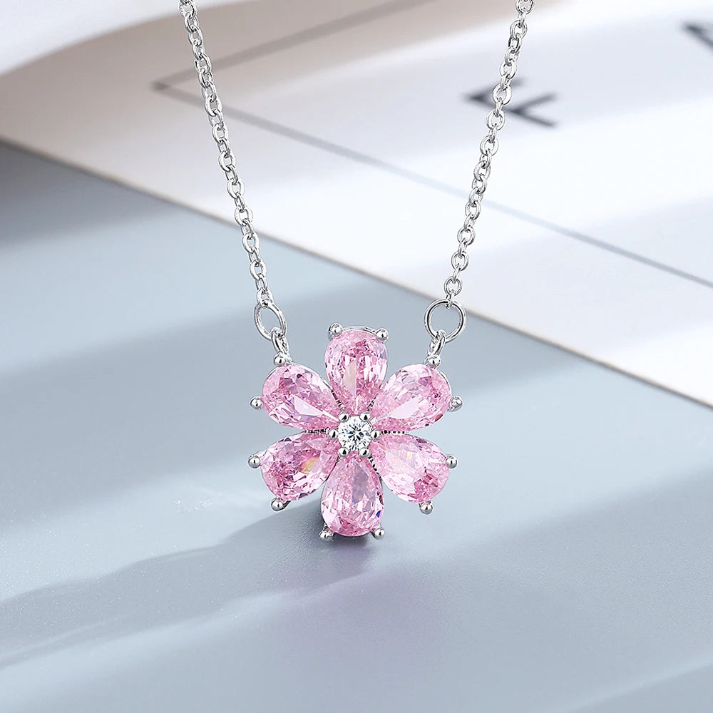 Sterling Silver Wedding Ring Women Pink Flower Bracelets Earrings Necklace Rings Fashion Jewelry Sets