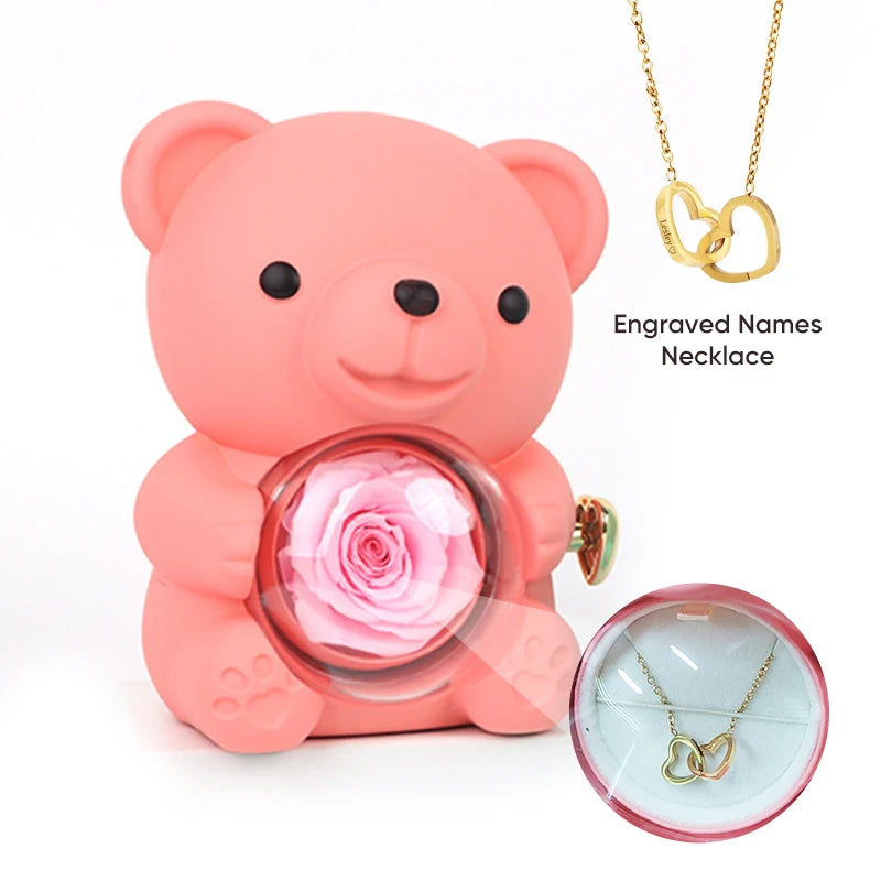 Rose Hug Bear Gift Box with Heart engraved name necklace Birthday anniversary gift for girls