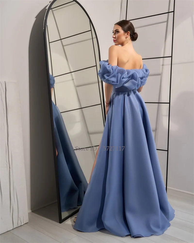 Strapless A-Line Detachable Evening Dresses High Slip Off the Shoulder Floor-Length Prom Dress