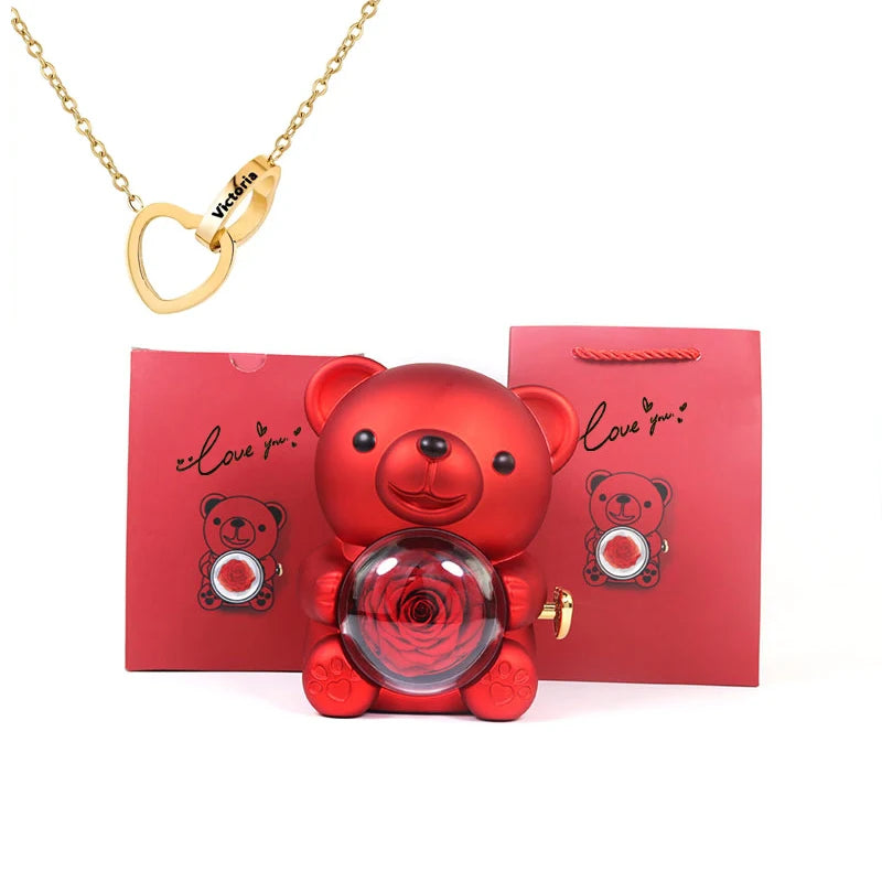 Rose Hug Bear Gift Box with Heart engraved name necklace Birthday anniversary gift for girls