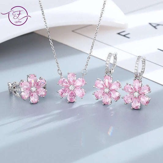 Sterling Silver Wedding Ring Women Pink Flower Bracelets Earrings Necklace Rings Fashion Jewelry Sets