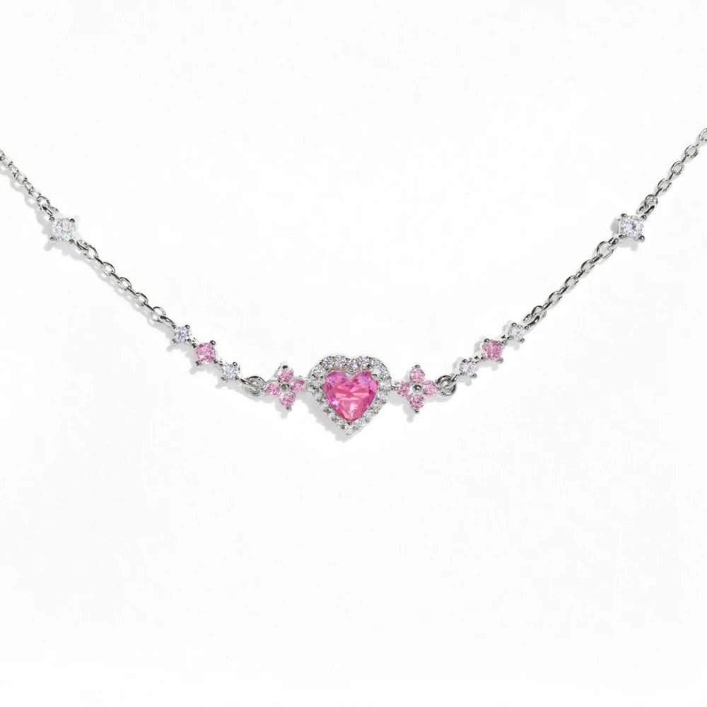 Pink Zircon Bowknot Love Heart  For Girls  Birthday Jewelry Gift