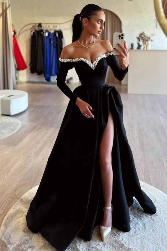 Black Evening Dresses Off Shoulder Full Sleeves