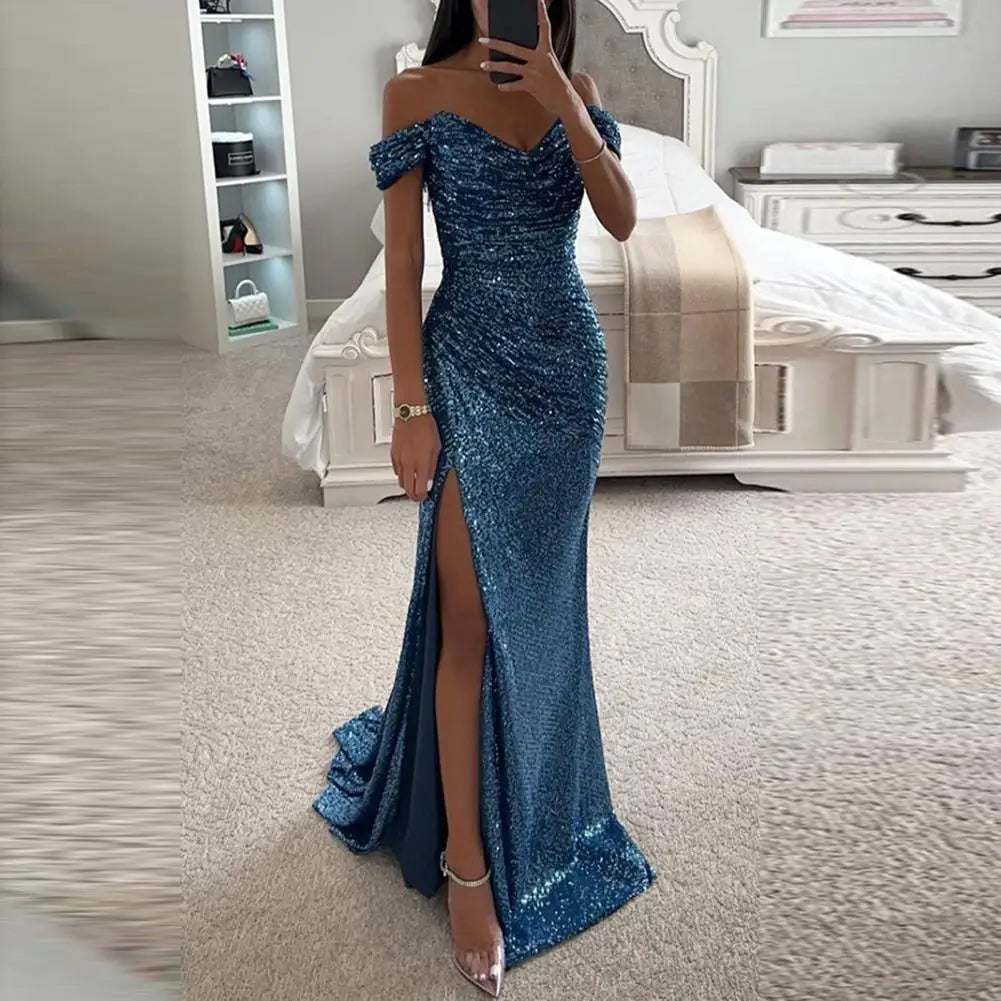 Elegant Gown Dress V-Neck Off Shoulder  Waist Tight Evening Party Dress Sexy