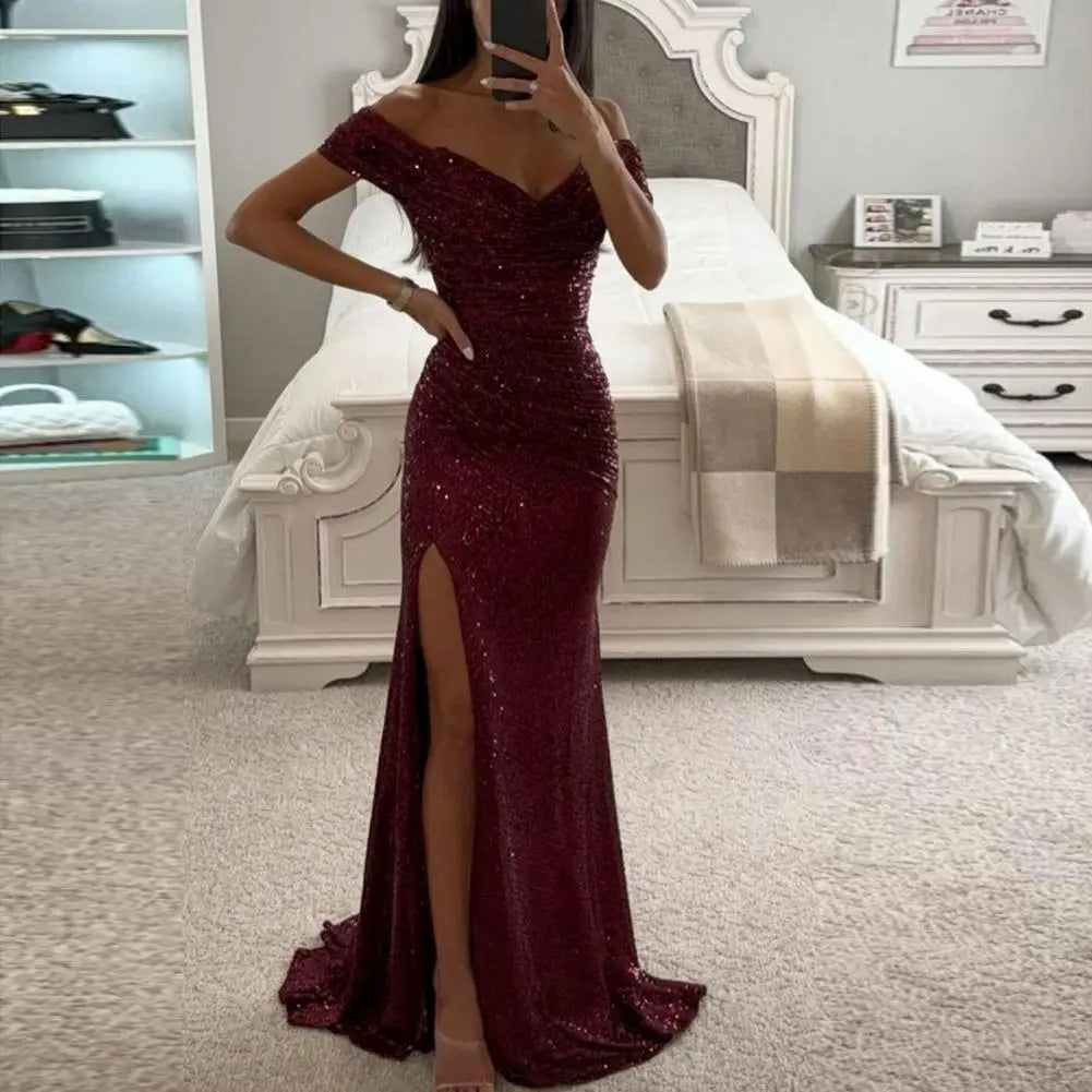 Elegant Gown Dress V-Neck Off Shoulder  Waist Tight Evening Party Dress Sexy