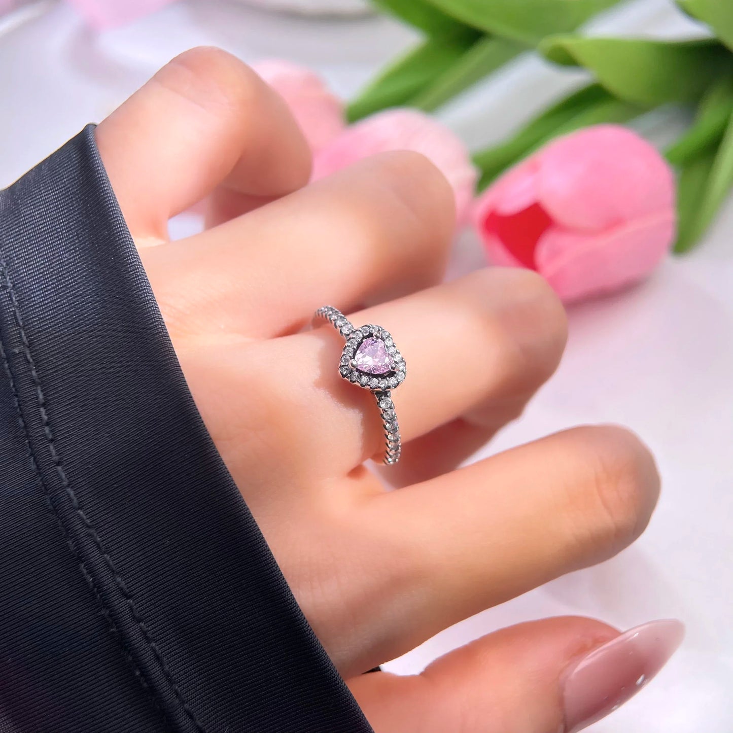 Silver Pink Heart Original Jewelry Necklaces Ring for Women Gift