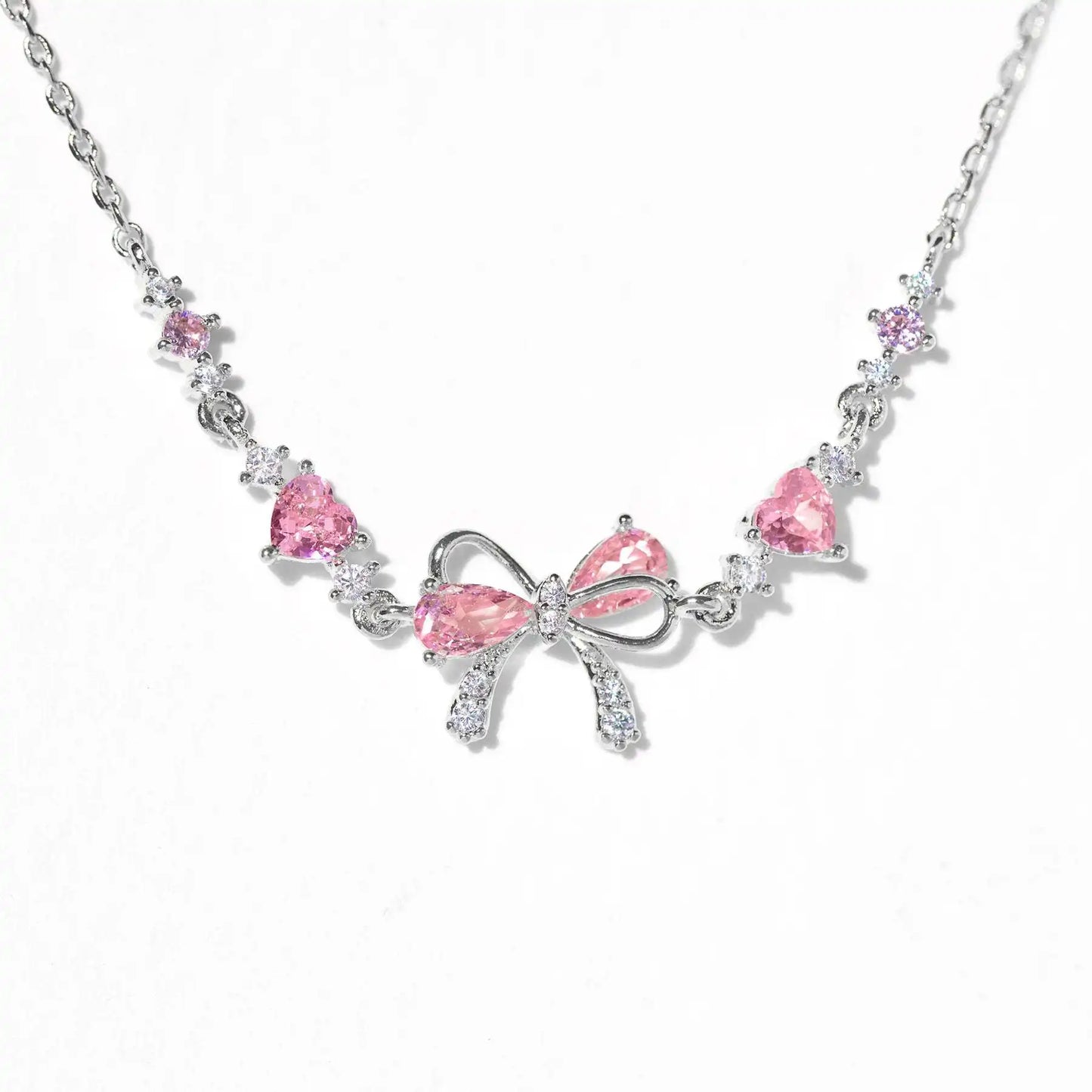 Pink Zircon Bowknot Love Heart  For Girls  Birthday Jewelry Gift