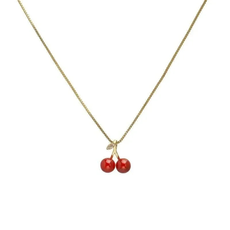 New Wine Red Cherry Gold Color Pendant Necklace for Women