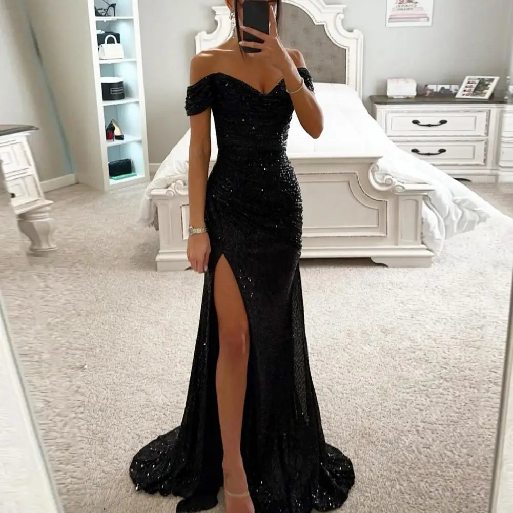 Elegant Gown Dress V-Neck Off Shoulder  Waist Tight Evening Party Dress Sexy