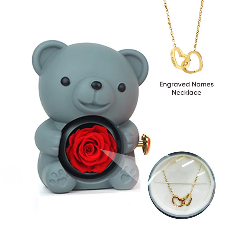 Rose Hug Bear Gift Box with Heart engraved name necklace Birthday anniversary gift for girls