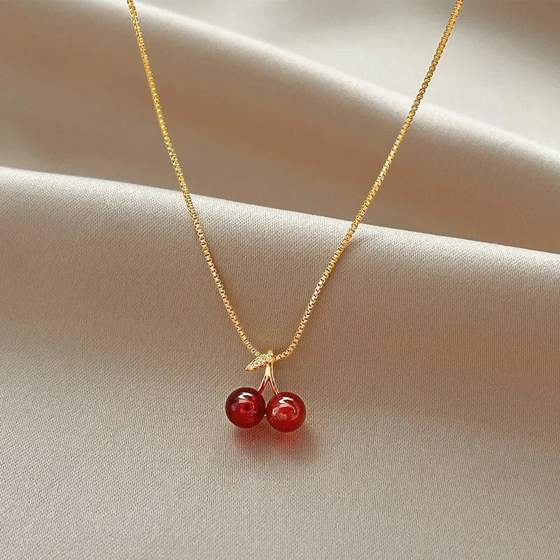 New Wine Red Cherry Gold Color Pendant Necklace for Women