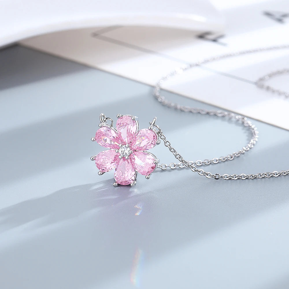 Sterling Silver Wedding Ring Women Pink Flower Bracelets Earrings Necklace Rings Fashion Jewelry Sets