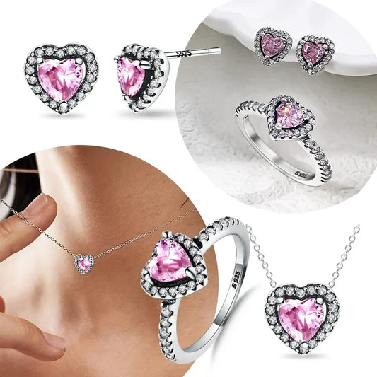 Silver Pink Heart Original Jewelry Necklaces Ring for Women Gift