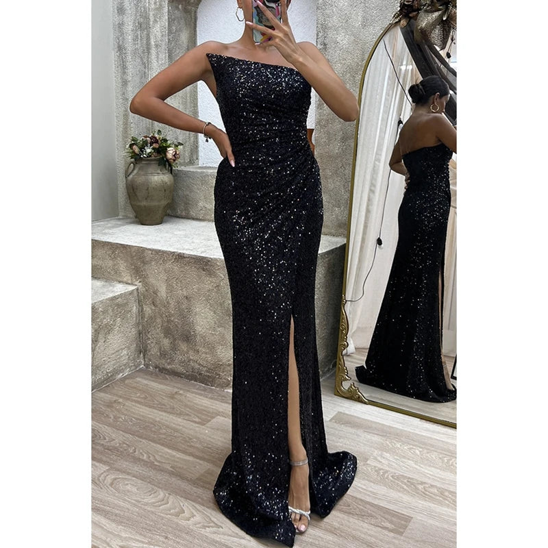 Women Shiny Sequin Maxi Dress Elegant Backless Sleeveless