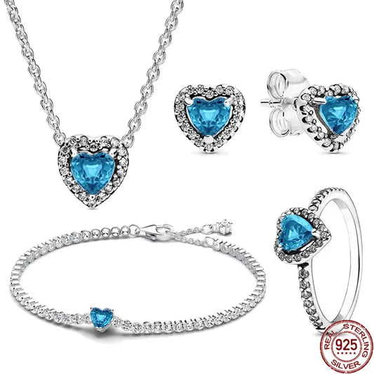 Silver  Blue Heart-shaped Ring Bracelet Necklace Luxury Women's Jewelry  Gifts