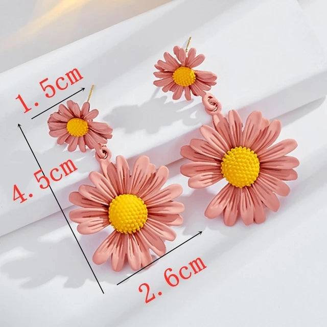 Fashion Pink Flower Drop Earrings for Women Hollow Out Leaf Dangle Earrings