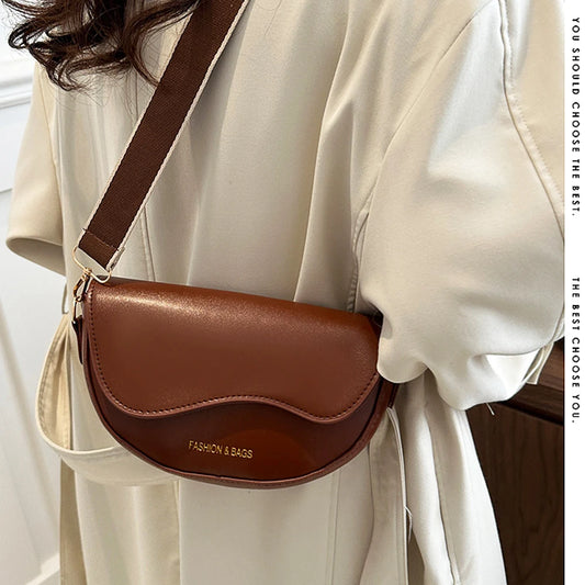 Women Vintage Solid Color Flap Small Saddle Shoulder Underarm Bag