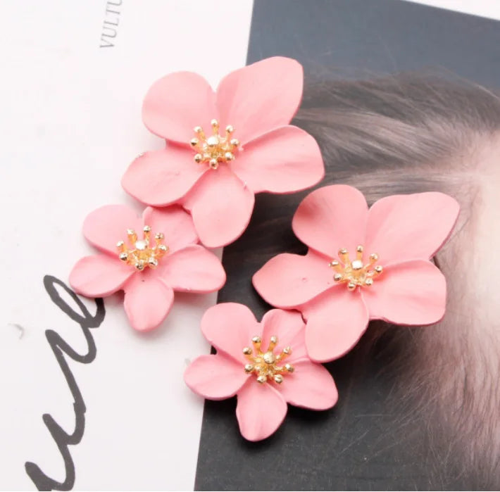 Fashion Pink Flower Drop Earrings for Women Hollow Out Leaf Dangle Earrings