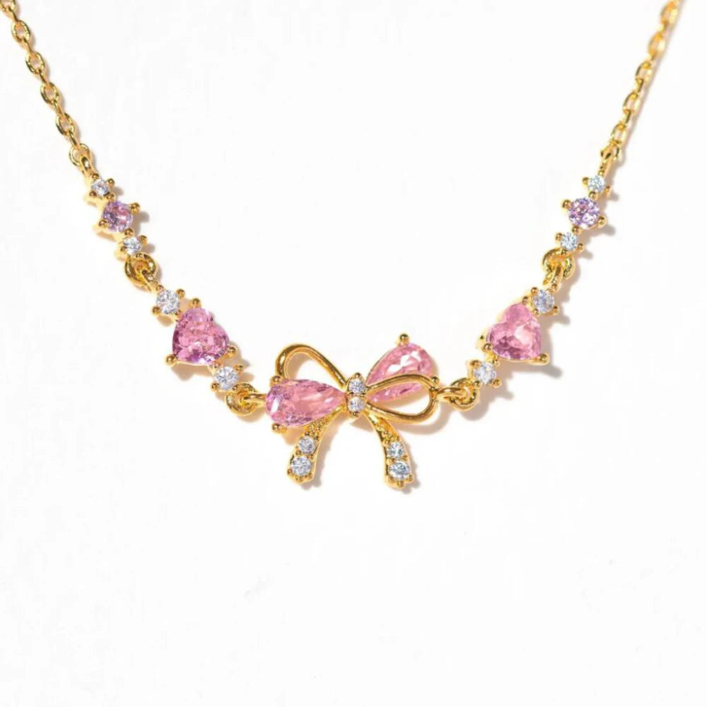 Pink Zircon Bowknot Love Heart  For Girls  Birthday Jewelry Gift