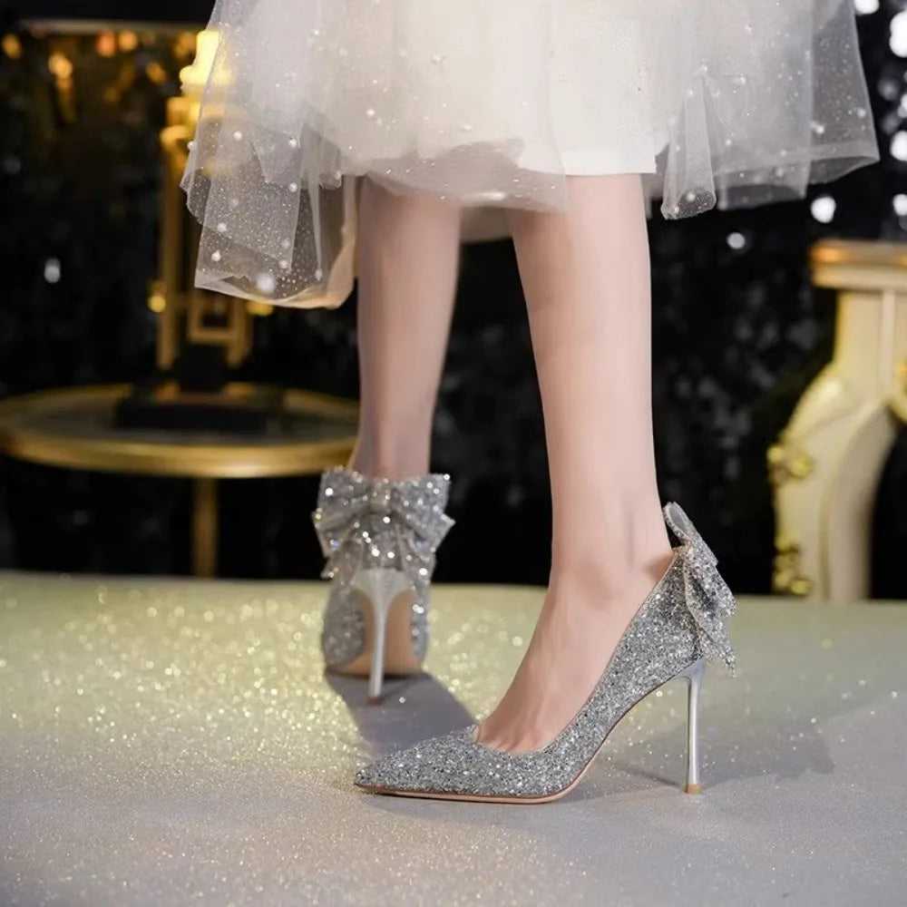 Shiny Bowknot Thin Heels Pumps Women Slip-On Bling Crystal Party