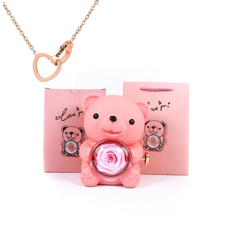 Rose Hug Bear Gift Box with Heart engraved name necklace Birthday anniversary gift for girls