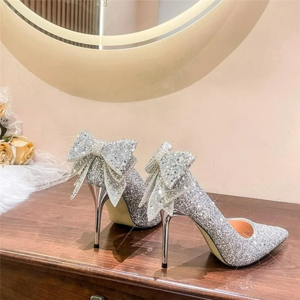 Shiny Bowknot Thin Heels Pumps Women Slip-On Bling Crystal Party