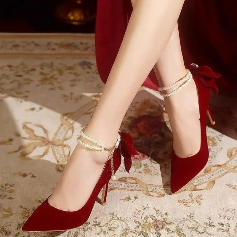 Red Xiuhe wedding shoes new pointy stiletto high heels