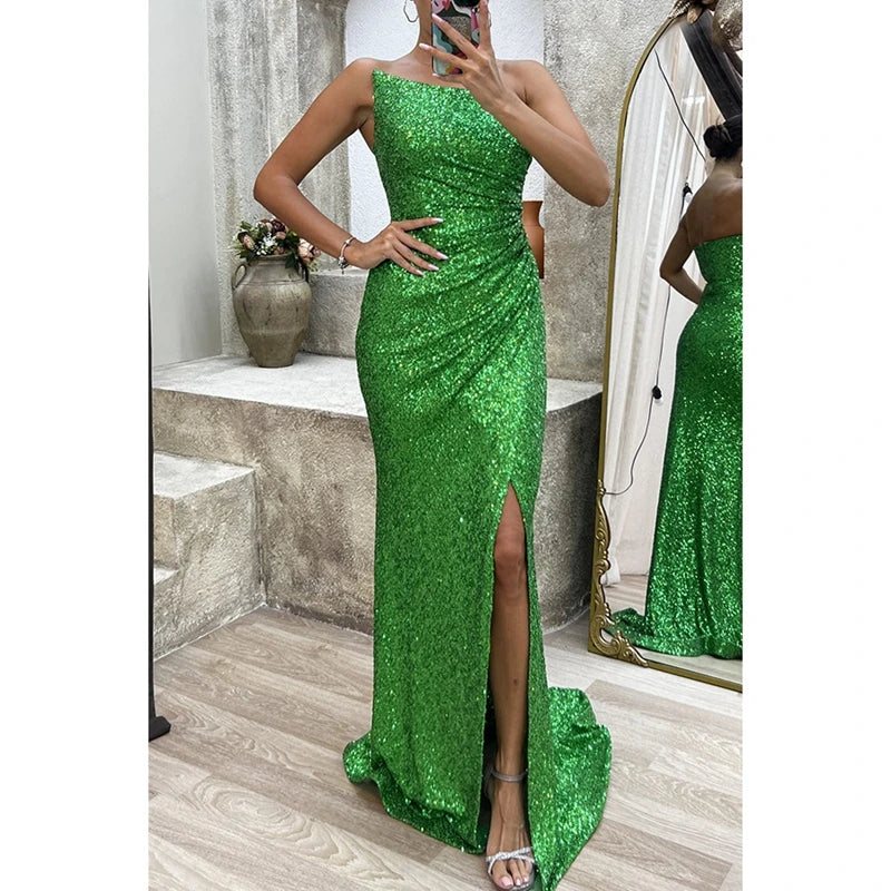 Women Shiny Sequin Maxi Dress Elegant Backless Sleeveless