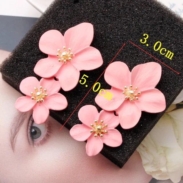 Fashion Pink Flower Drop Earrings for Women Hollow Out Leaf Dangle Earrings