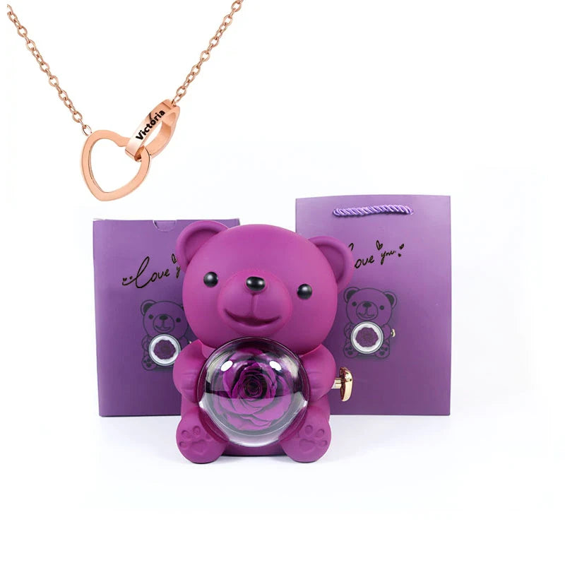 Rose Hug Bear Gift Box with Heart engraved name necklace Birthday anniversary gift for girls