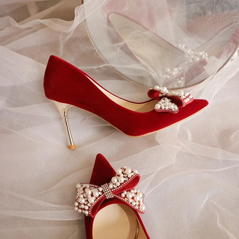 Red high heels Wedding bride shoes 2025