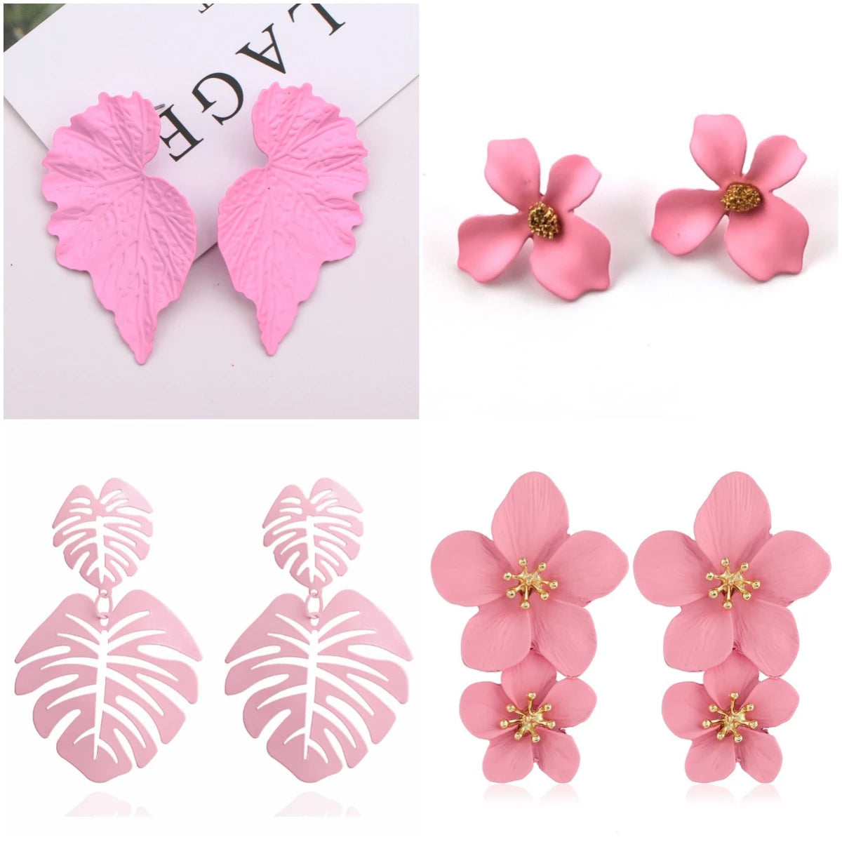 Fashion Pink Flower Drop Earrings for Women Hollow Out Leaf Dangle Earrings