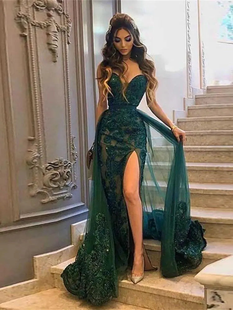 Handmade Lace Embroidery Prom Dress Sexy Side Split فستان سهرة