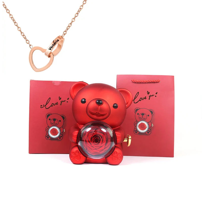 Rose Hug Bear Gift Box with Heart engraved name necklace Birthday anniversary gift for girls