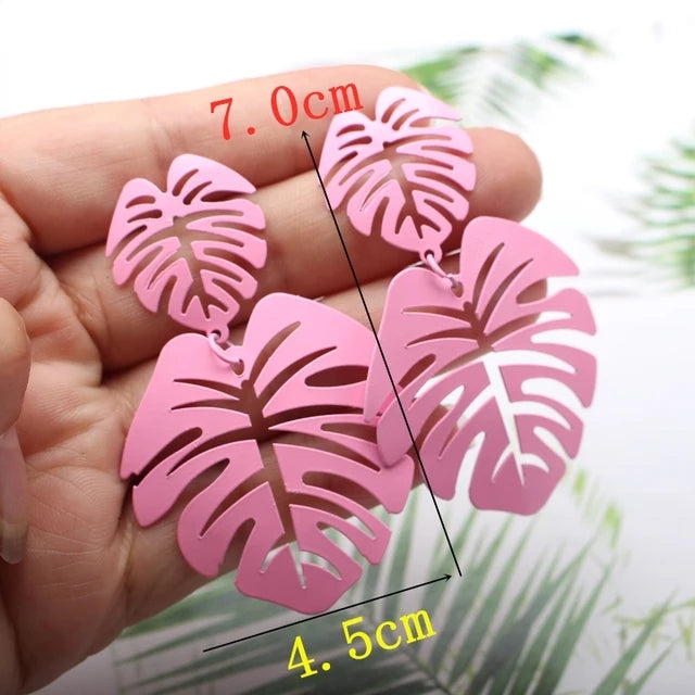 Fashion Pink Flower Drop Earrings for Women Hollow Out Leaf Dangle Earrings