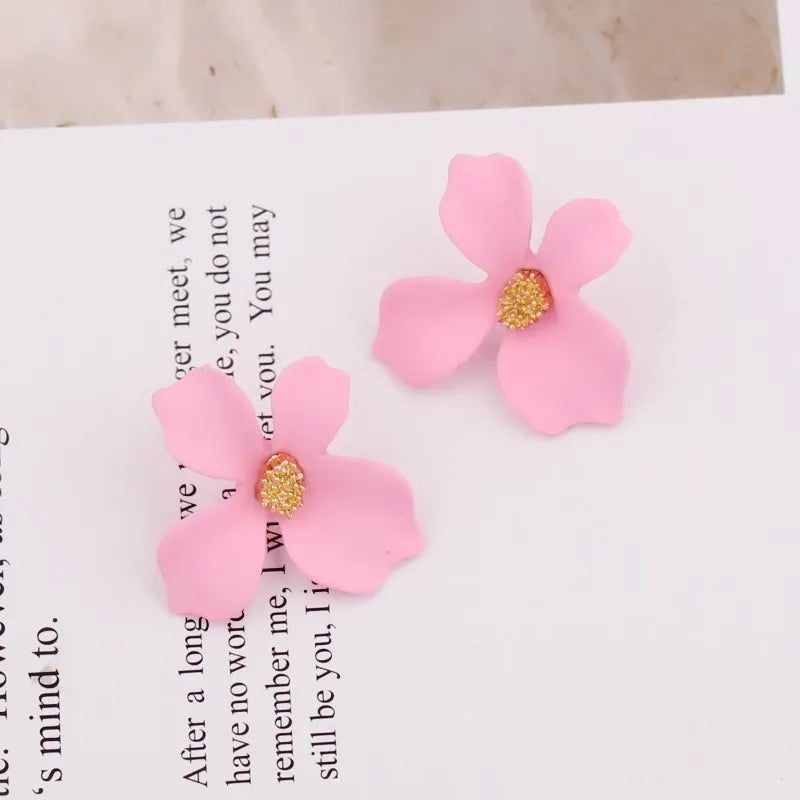 Fashion Pink Flower Drop Earrings for Women Hollow Out Leaf Dangle Earrings