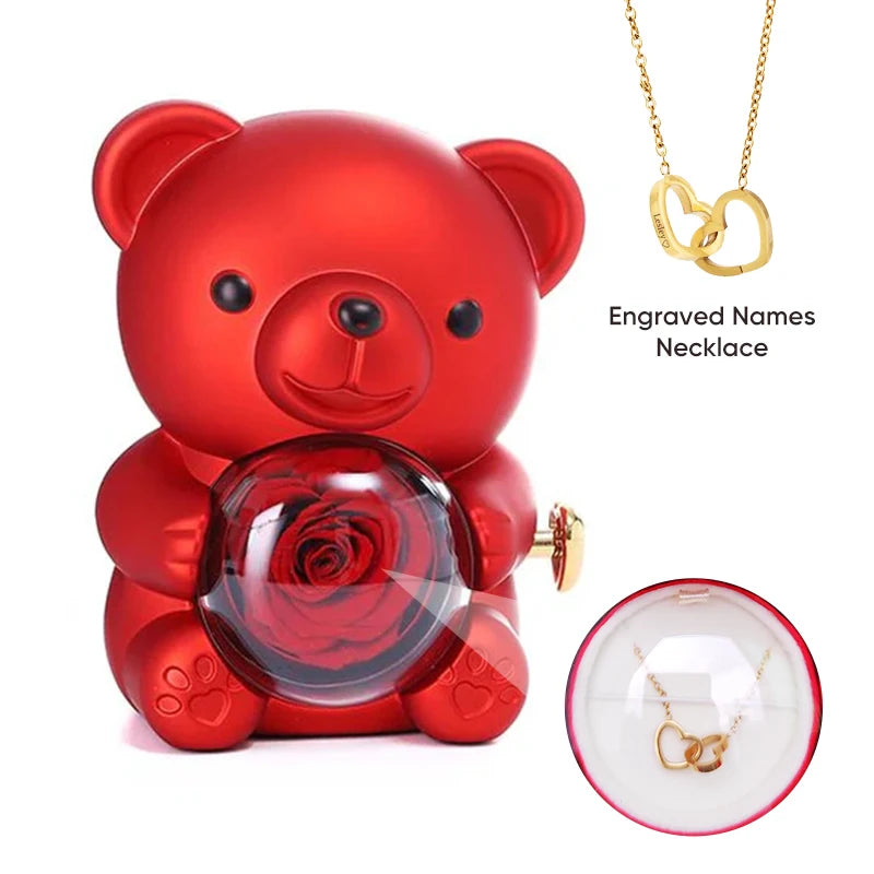 Rose Hug Bear Gift Box with Heart engraved name necklace Birthday anniversary gift for girls