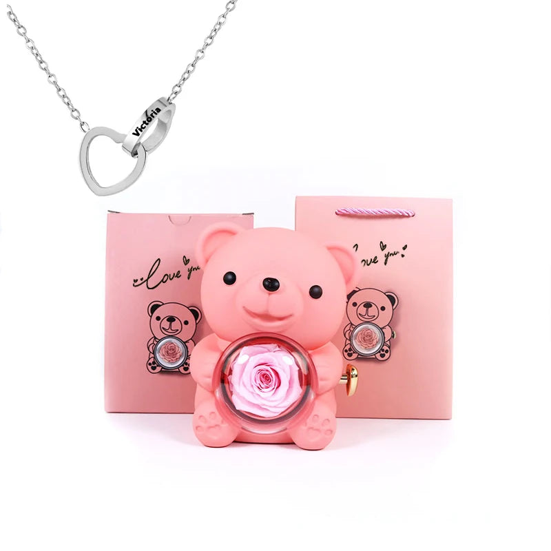 Rose Hug Bear Gift Box with Heart engraved name necklace Birthday anniversary gift for girls