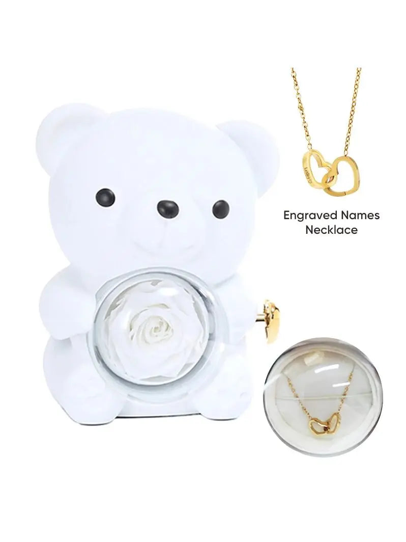 Rose Hug Bear Gift Box with Heart engraved name necklace Birthday anniversary gift for girls