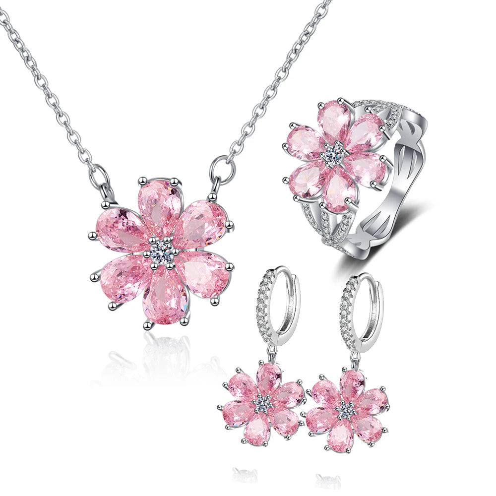 Sterling Silver Wedding Ring Women Pink Flower Bracelets Earrings Necklace Rings Fashion Jewelry Sets